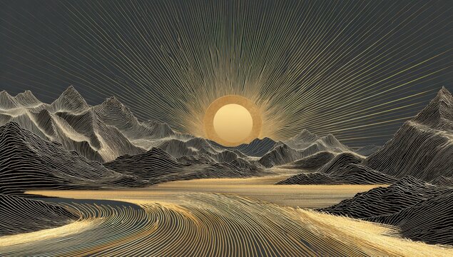 Abstract mountain landscape with a golden sun