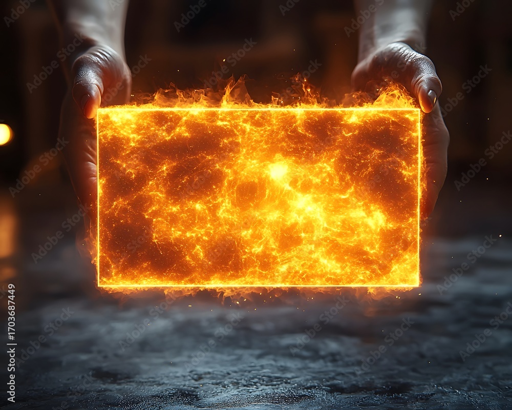 Poster a rectangular object engulfed in intense glowing flames and energy is held between hands symbolizing