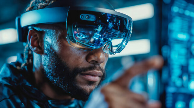 Professional man wearing advanced AR VR headset with holographic interface displays in futuristic technology laboratory environment