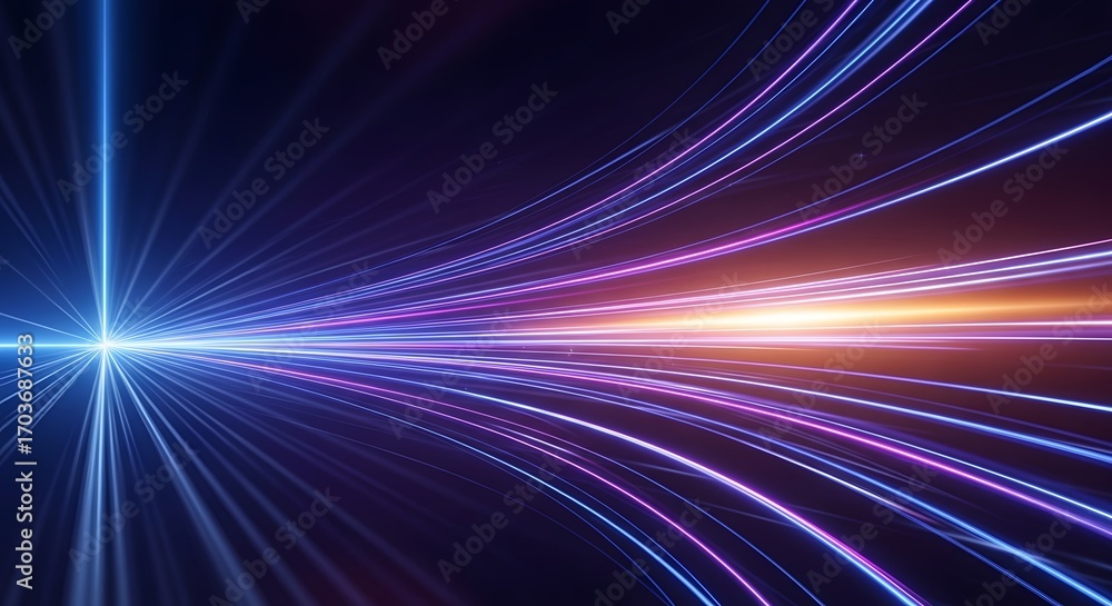 Poster abstract streaks of light and color moving rapidly through space, representing speed and technology