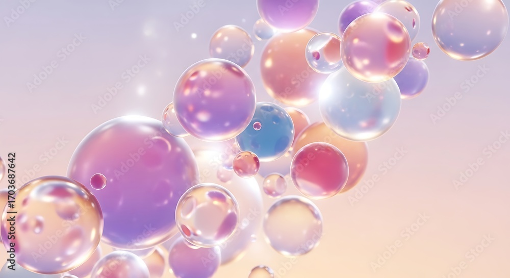 Poster assortment of iridescent bubbles floating in soft light spheres