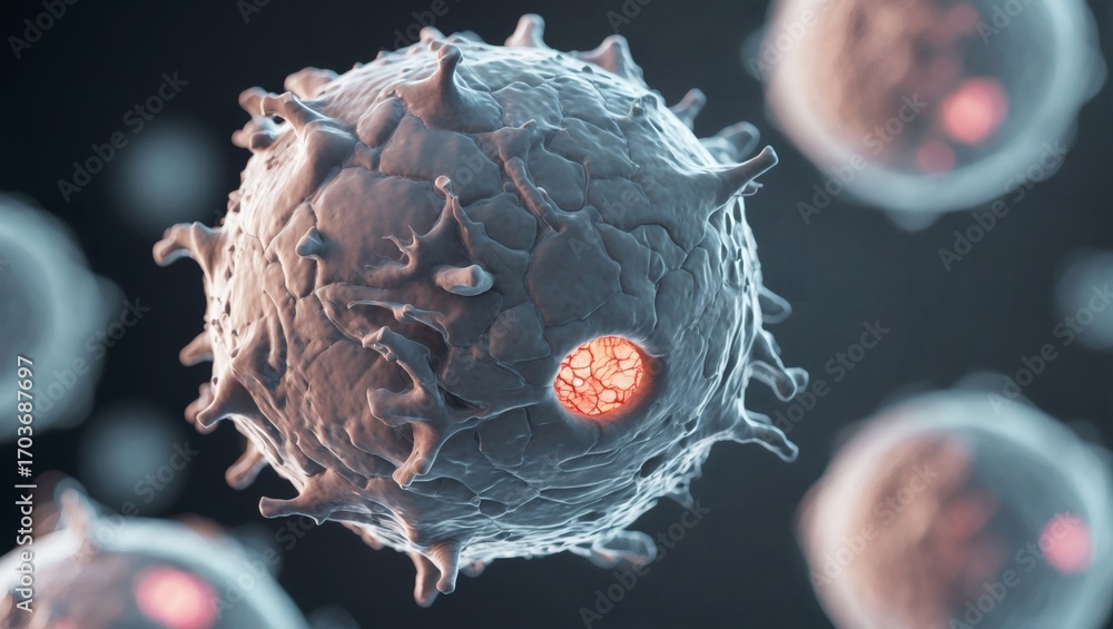 Poster a detailed view of a cell in a science illustration. this depicts a round cell with detailed spikes.