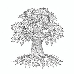 Obraz premium intricate illustration of a strong and detailed tree with large roots and a thick trunk, fully covered in leaves 