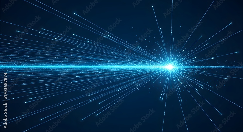 Poster abstract visualization of a bright blue light exploding outwards with countless small particles and 