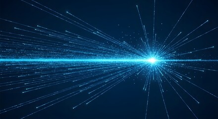 Abstract visualization of a bright blue light exploding outwards with countless small particles and data streams against a dark background, representing technology and digital information