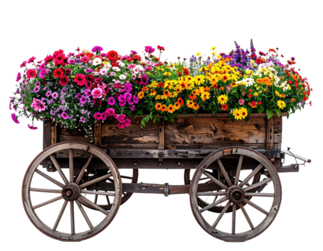 A vintage wooden cart overflowing with colorful flowers