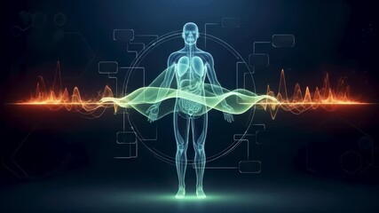 Predictive AI nutrition app concept with human body scan, digestive health analysis, and futuristic data visualization for personalized diet and wellness tracking. 3D rendering animation video - Powered by Adobe