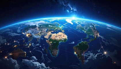 Abstract Earth View From Space with City Lights and Continental Details Globe Showing World Continents in Blue Hue