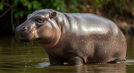 Fototapeta premium Portrait of pygmy hippo in water with blurred green background