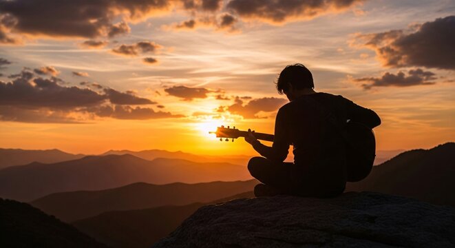 Silhouette Guitarist Playing Guitar at Sunset