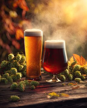 Two glasses of beer, one light and one dark, sit on a rustic wooden surface amidst autumn leaves and hops.  Warm, golden light illuminates the scene, suggesting a cozy autumnal setting