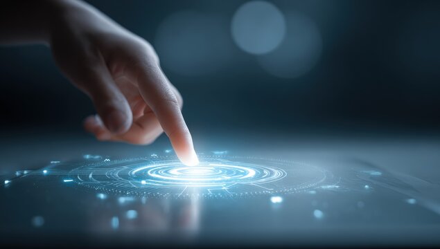 A hand touches a glowing tablet interface - Powered by Adobe