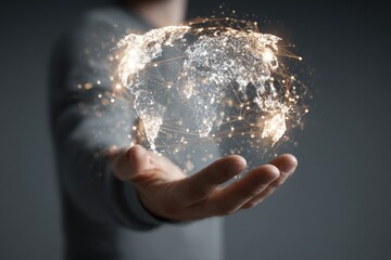 Hand holding a digital world map