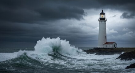 A powerful lighthouse stands tall against a stormy sea © efa