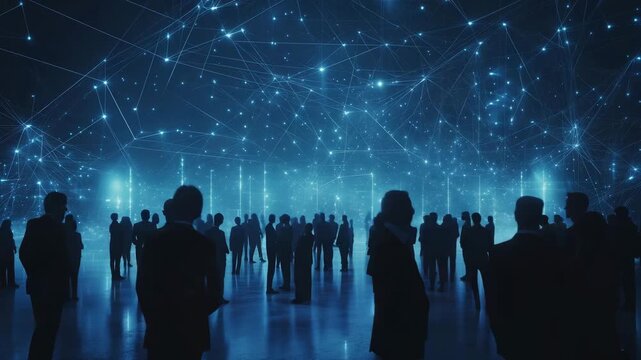 People stand on a glowing network, showing how everyone can be connected by technology.