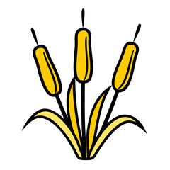 Stylized yellow cattails with green leaves on a black background