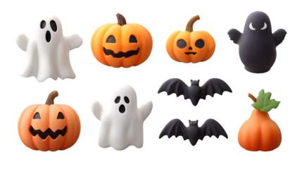 3D Halloween PNG element set with pumpkins, ghosts, and bats, isolated on white background