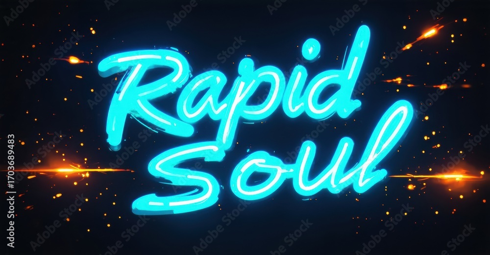 Poster bright neon text spells rapid soul against dark space background. sparks radiate from lettering, cre