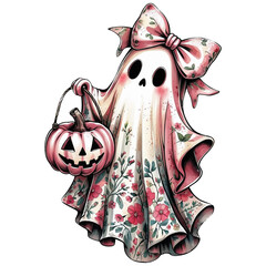 Cute Halloween ghost with Pumpkin, spooky season cute Halloween clipart, floral ghost boo transparent background PNG file digital watercolor art