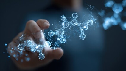 A hand interacts with a molecular structure