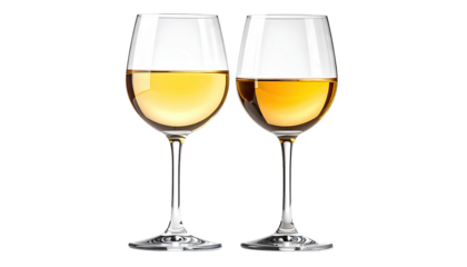 Two stemmed wine glasses filled with pale yellow liquid