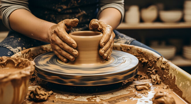 Hands shaping clay on a pottery wheel demonstrating the art of ceramics and craftmanship - Powered by Adobe