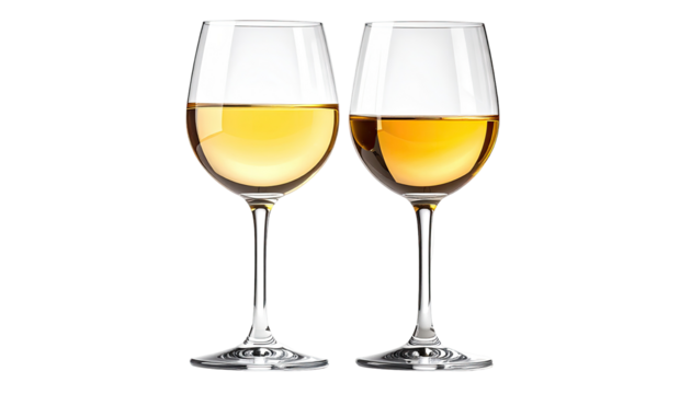 Two stemmed wine glasses filled with pale yellow liquid