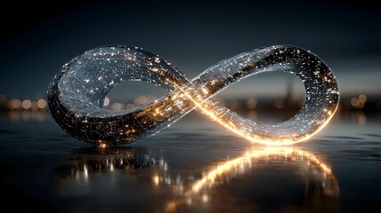 Shimmering infinity symbol crafted from luminous data streams glows with vibrant energy against a blurred urban nightscape, symbolizing endless potential and innovation.