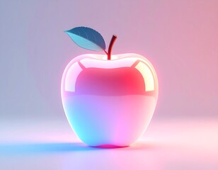Obraz premium Glossy Pink and Blue Gradient Apple With a Single Leaf and Stem