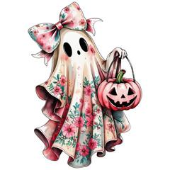 Cute Halloween ghost with Pumpkin, spooky season cute Halloween clipart, floral ghost boo transparent background PNG file digital watercolor art