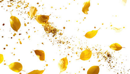 Golden leaf-like shapes and particles cascading against a black background.  Abstract, dynamic, and textured design