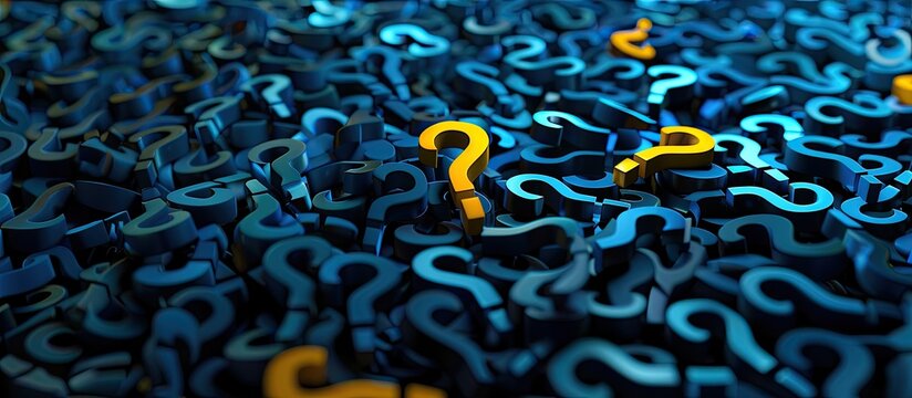 A dense field of dark-blue question marks with a few gold ones interspersed, creating a visually intriguing texture and raising questions about choice, uncertainty, and the search for answers