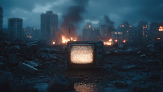 A vintage TV in a war-torn city