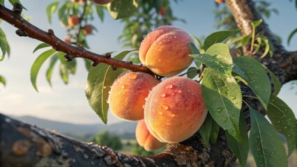 Ripe peaches on the tree
