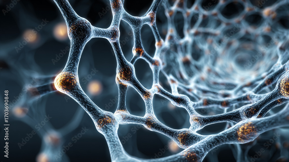 Poster microscopic view of a complex network intricate structure glowing nodes and connections