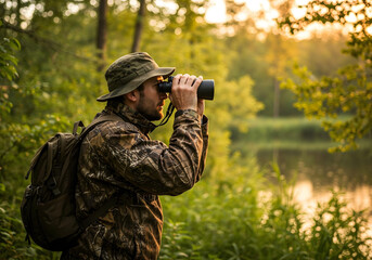 Man in camouflage observing through binoculars by the lake at sunset.