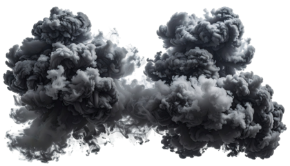 Two massive, dark gray, smoky clouds, contrasted against a pure black background.  Dense, billowing, and textured