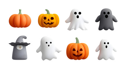 3D Halloween icon cut-out set with pumpkins and ghosts, isolated on white background