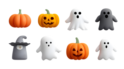 3D Halloween icon cut-out set with pumpkins and ghosts, isolated on white background