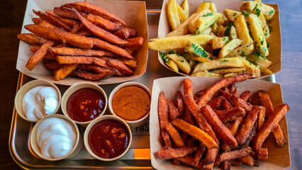 Sweet potato fries and classic french fries with dipping sauces