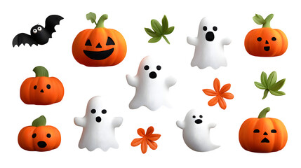 3D Halloween icon cut-out set with pumpkins and ghosts, isolated on white background