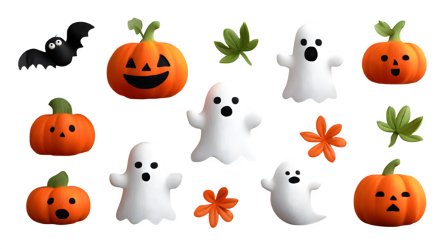 3D Halloween icon cut-out set with pumpkins and ghosts, isolated on white background