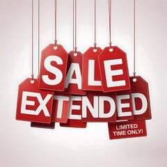 Red sale tags hanging with the words sale extended and limited time only