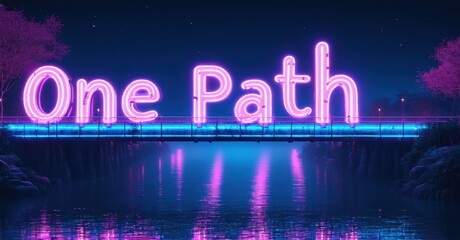 Neon sign displays One Path over calm water. Bridge reflects vibrant pink, blue lights. Night scene evokes serenity, mystery.