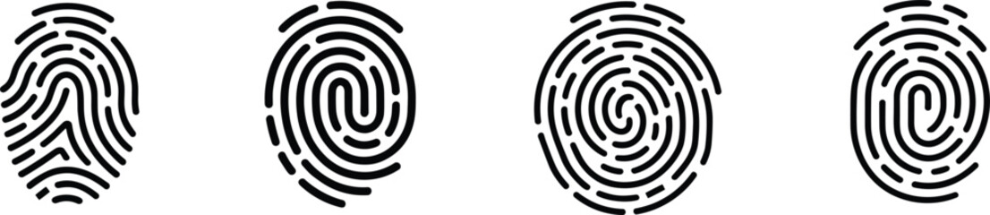 Black fingerprint icons with various patterns on white background Keywords: fingerprint, thumbprint, print, identification