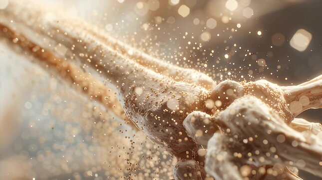 Close-up of a human bone structure with particles