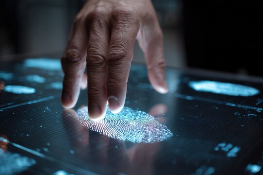 A hand touches a futuristic fingerprint scanner - Powered by Adobe