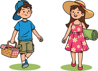 Smiling boy carrying picnic basket and girl holding rolled mat walking together, summer outdoor activity, happy kids illustration.