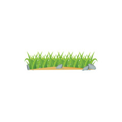 Green grass with rocks and soil illustration in cartoon style. Perfect for garden design, landscape element, outdoor scene, eco concept, nature decoration, and vector artwork.