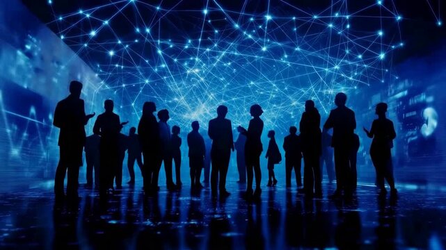 A group of people stands on blue lines that link them all together in a digital web.